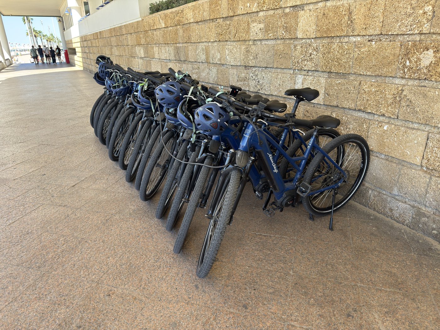 Etwa ein Dutzend blaue Leihfahrräder stehen dicht an dicht an einer hellen Steinmauer auf der Promenade abgestellt.