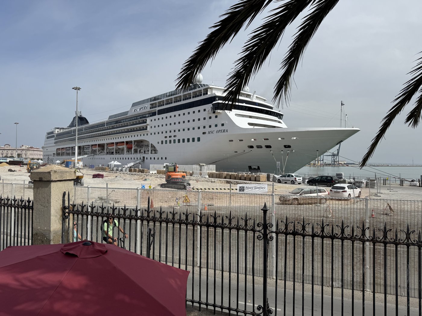 Ein großes weißes Kreuzfahrtschiff liegt hinter einem schmiedeeisernen Hafenzaun, im Vordergrund Palmwedel.