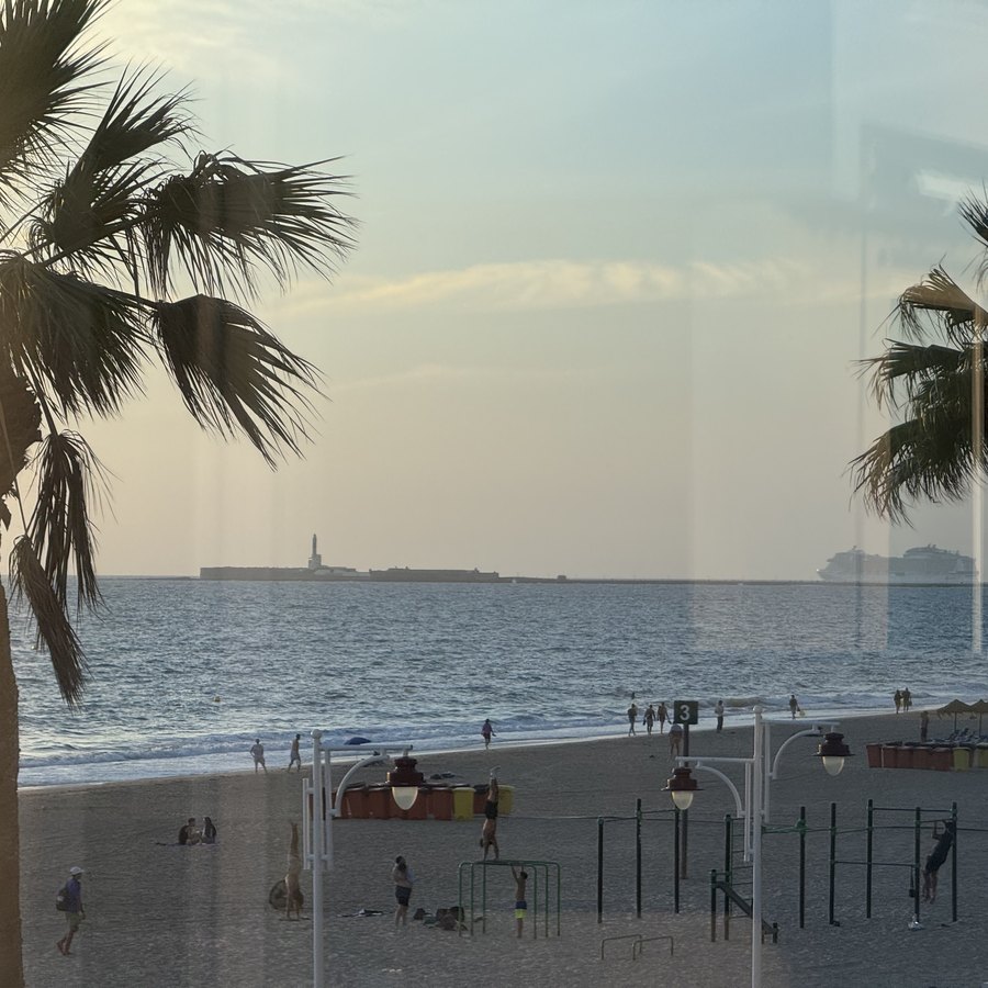 Der Strand am Abend: Palmen im Gegenlicht, das Meer ruhig, am Horizont die Silhouette der Festung.