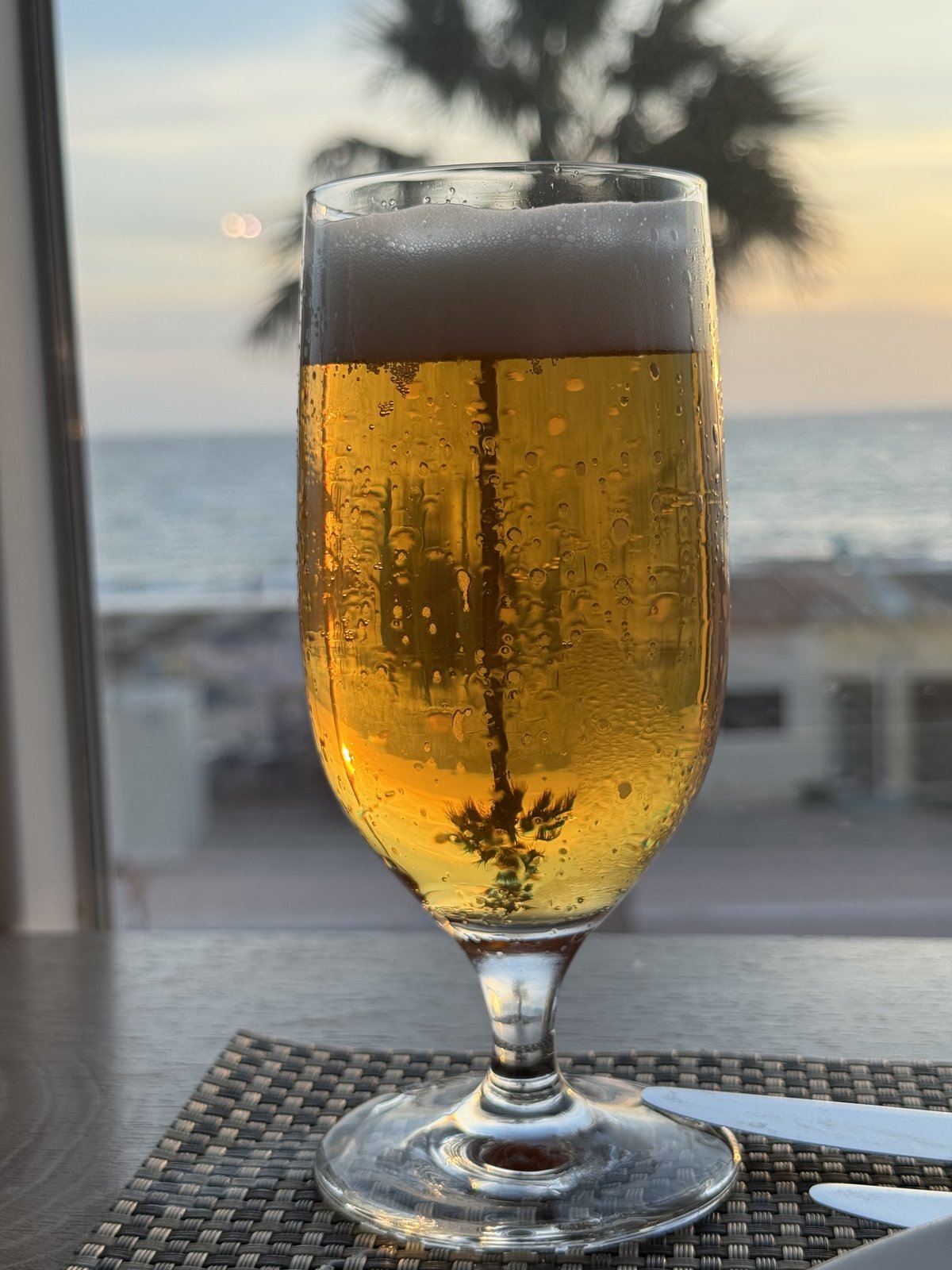 Ein beschlagenes Glas hellen Bieres mit Schaumkrone steht auf einem Tisch am Fenster, dahinter das Meer und eine Palme im Abendlicht.