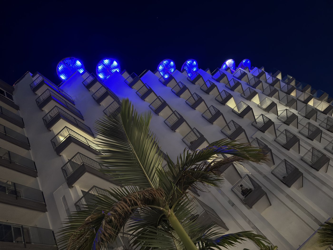 Die gestaffelte Hotelfassade bei Nacht, blau angestrahlt, im Vordergrund die dunklen Wedel einer Palme.