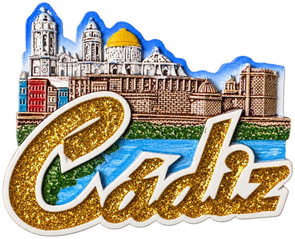 Kühlschrankmagnet mit der Silhouette von Cádiz: Kathedrale mit goldener Kuppel, Türme und Festungsmauern in Relief, darunter der Schriftzug Cádiz in goldener Schreibschrift.