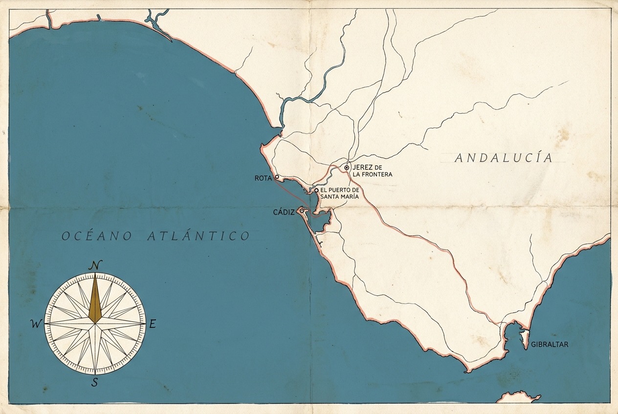 Gezeichnete Karte der andalusischen Atlantikküste auf gefaltetem Papier: die Bucht von Cádiz mit der Landzunge, nördlich Rota und El Puerto de Santa María, landeinwärts Jerez de la Frontera, im Südosten der Felsen von Gibraltar. Eine rote Linie verbindet die fünf Orte.