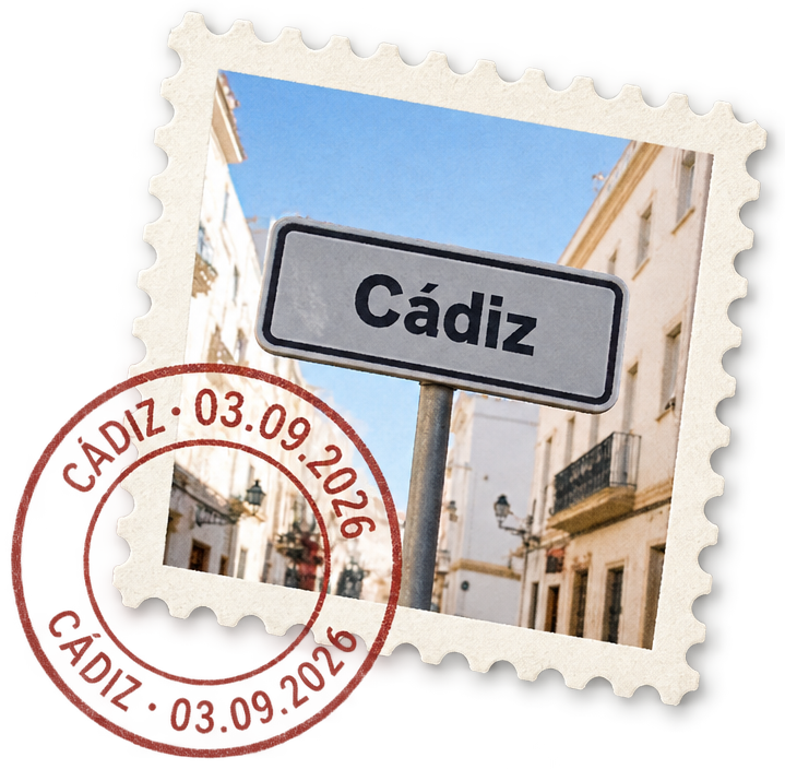 Briefmarke mit gezacktem Rand, darauf ein weißes Straßenschild mit der Aufschrift Cádiz; darüber ein runder Poststempel mit dem Datum 03.09.2026.